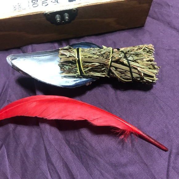 Wooden Box with wooden runes, smudge stick, shell,feather, and more - Picture 7 of 9
